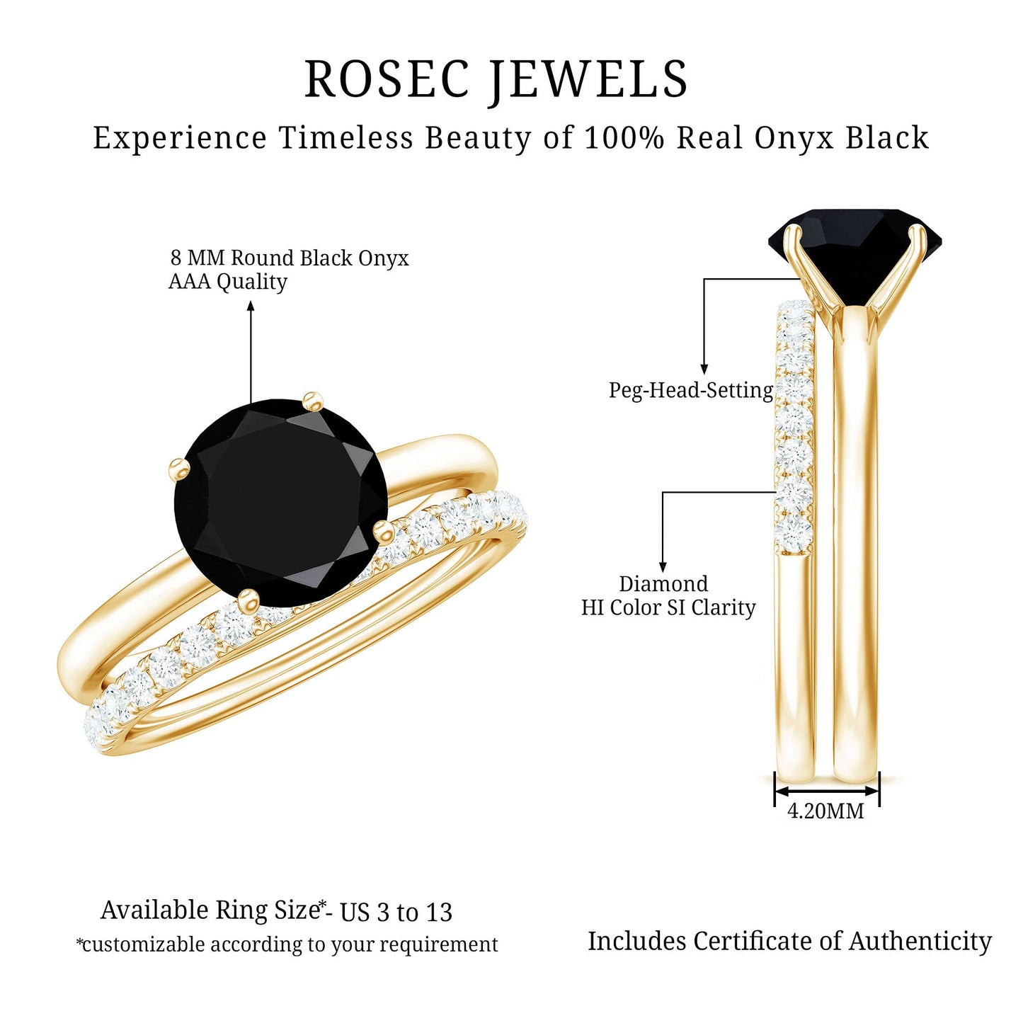 Anillos de compromiso solitario de ónix negro natural de 2 quilates con realzador de diamantes