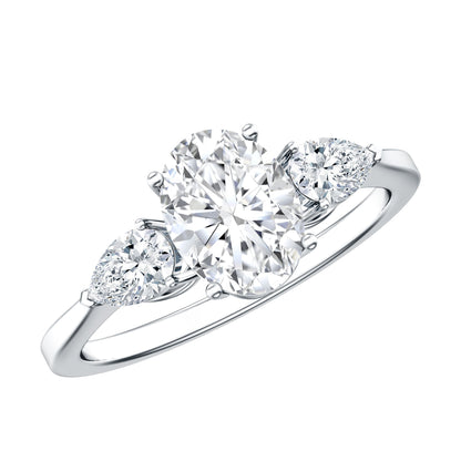 Oval and Pear Cut Moissanite Three Stone Engagement Ring