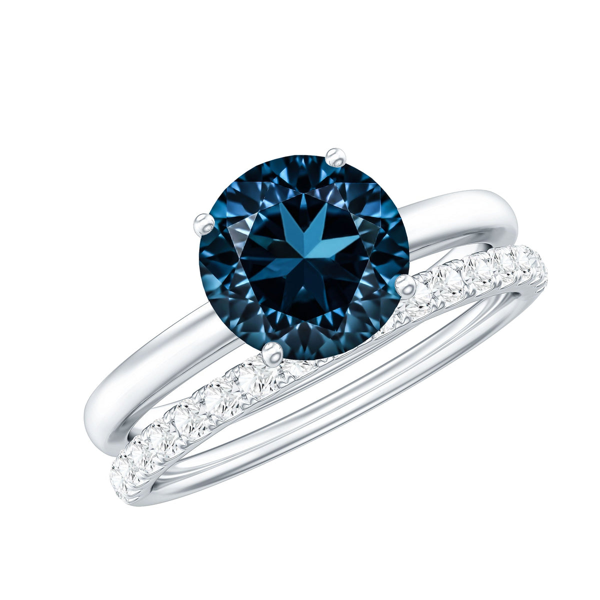 Anillo de compromiso solitario con topacio azul de Londres redondo de 2 quilates con banda de diamantes
