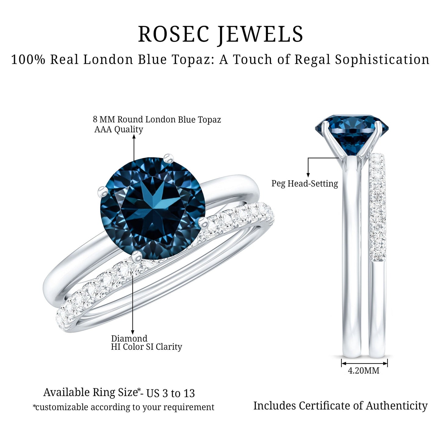 Anillo de compromiso solitario con topacio azul de Londres redondo de 2 quilates con banda de diamantes