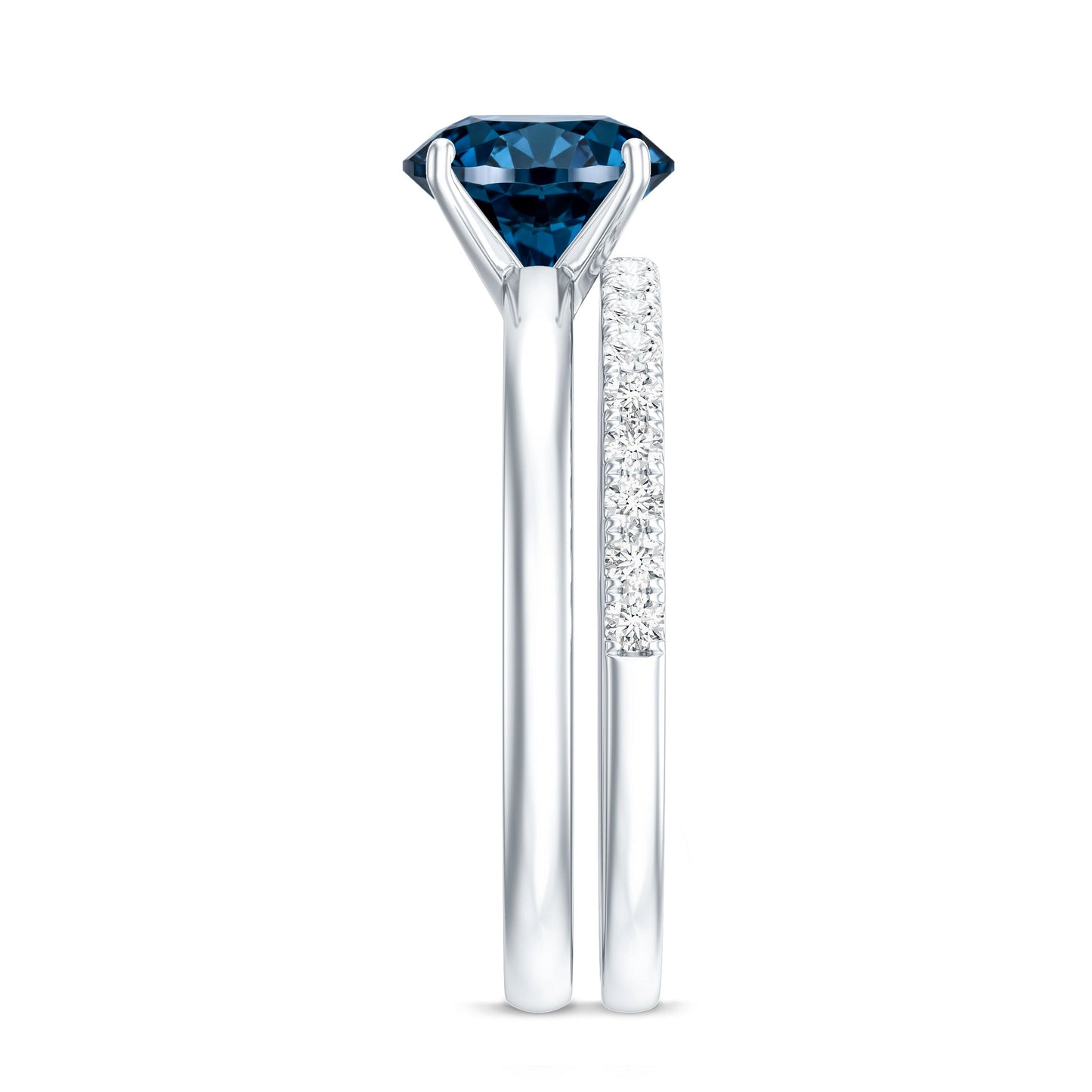 Anillo de compromiso solitario con topacio azul de Londres redondo de 2 quilates con banda de diamantes