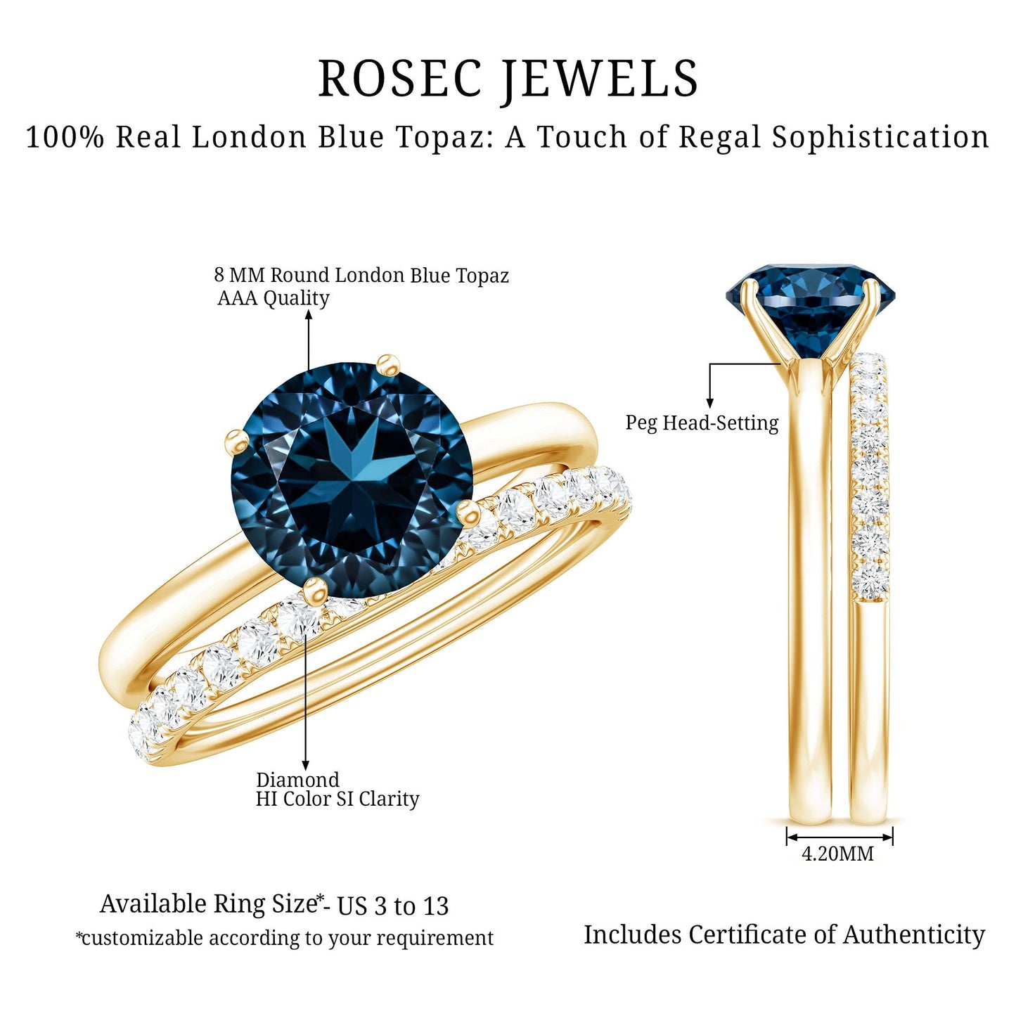 Anillo de compromiso solitario con topacio azul de Londres redondo de 2 quilates con banda de diamantes