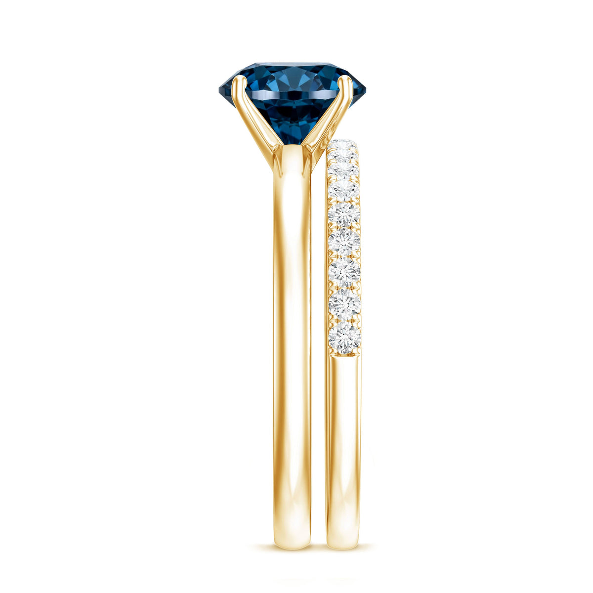 Anillo de compromiso solitario con topacio azul de Londres redondo de 2 quilates con banda de diamantes