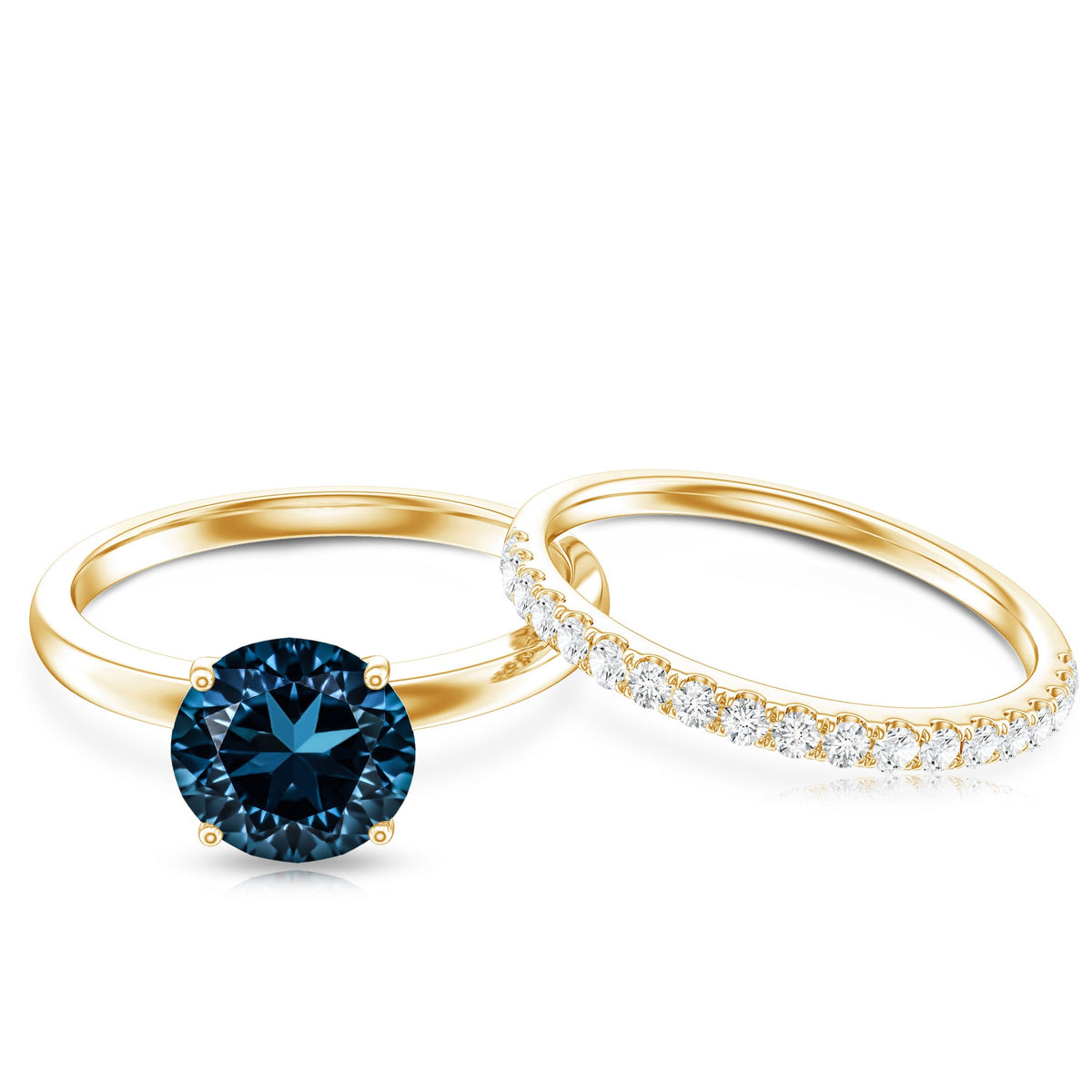 Anillo de compromiso solitario con topacio azul de Londres redondo de 2 quilates con banda de diamantes