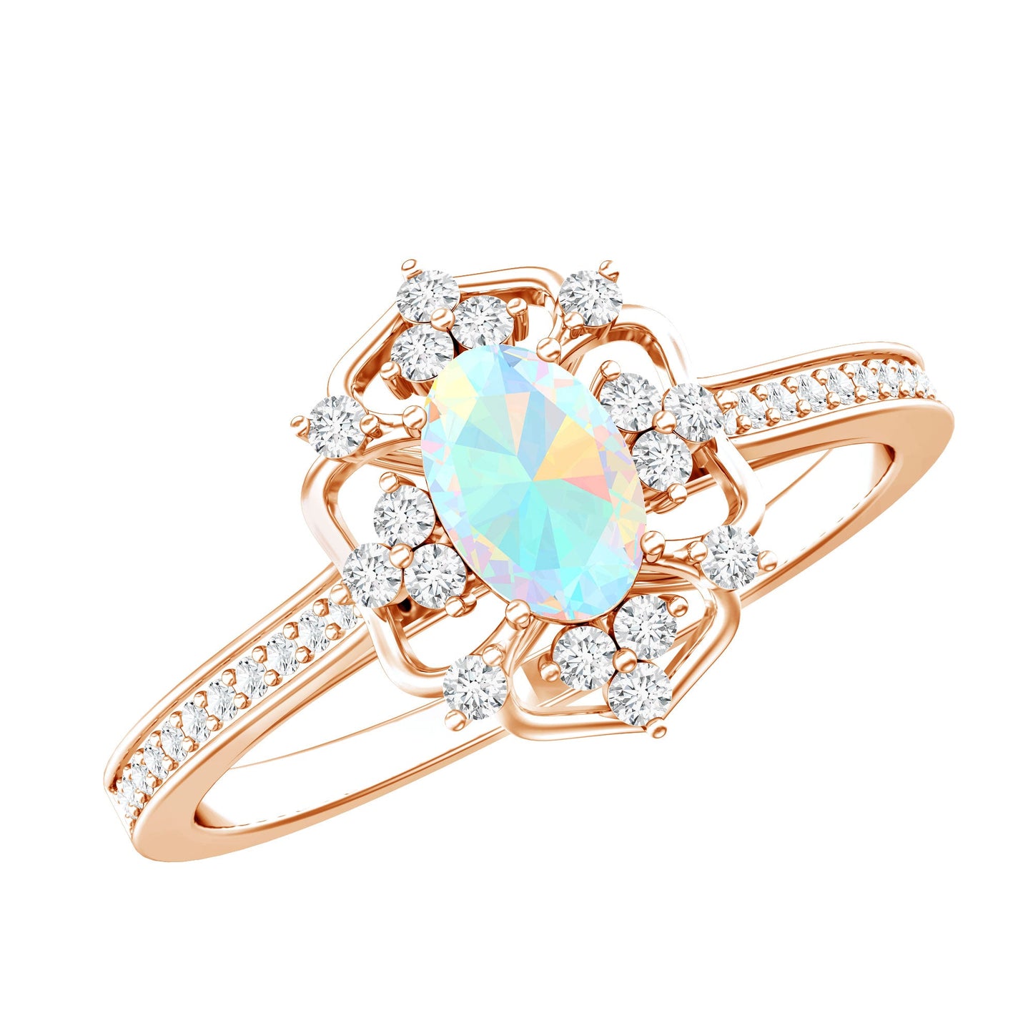 Anillo de compromiso de aspecto vintage de ópalo arcoíris etíope ovalado natural con diamantes