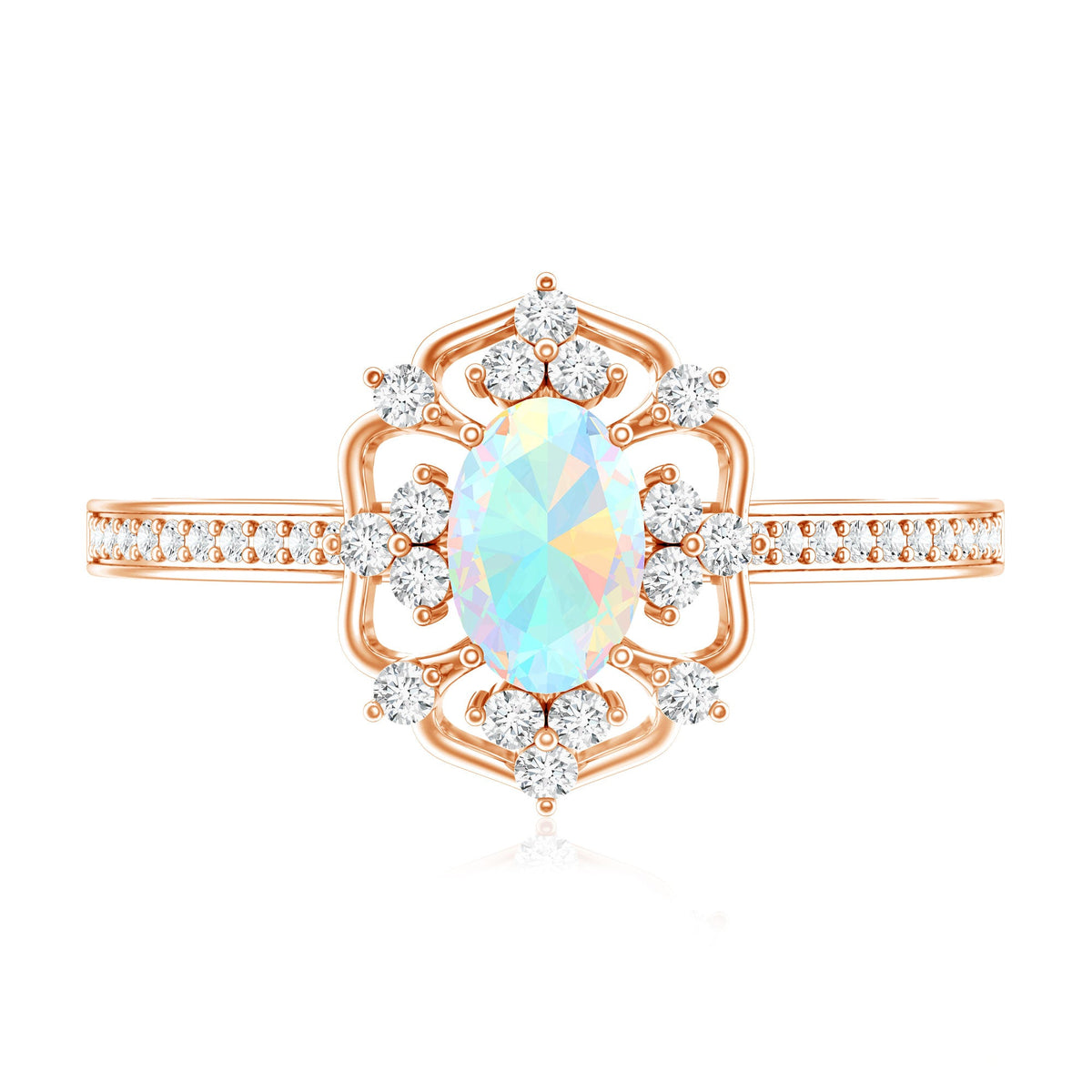 Anillo de compromiso de aspecto vintage de ópalo arcoíris etíope ovalado natural con diamantes
