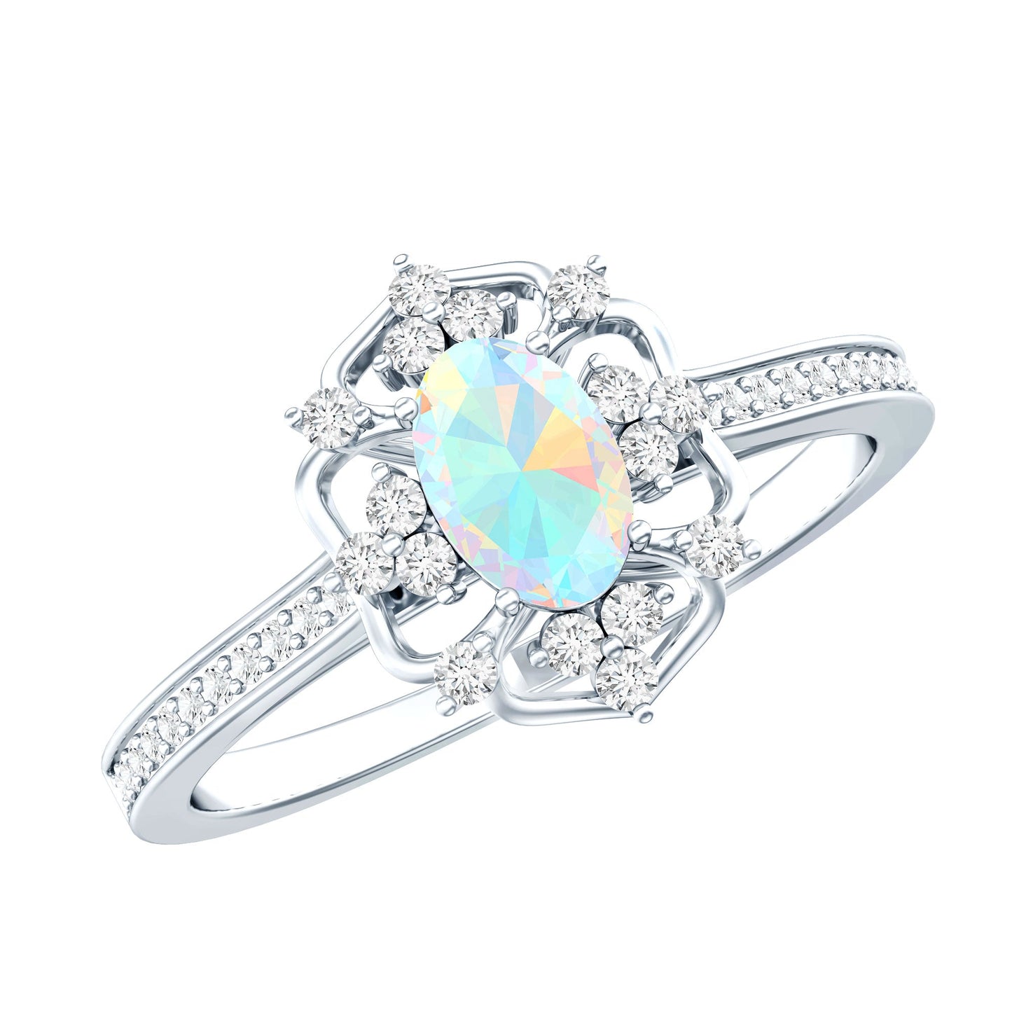 Anillo de compromiso de aspecto vintage de ópalo arcoíris etíope ovalado natural con diamantes