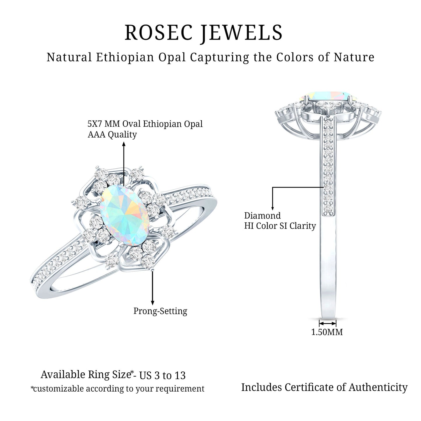 Anillo de compromiso de aspecto vintage de ópalo arcoíris etíope ovalado natural con diamantes