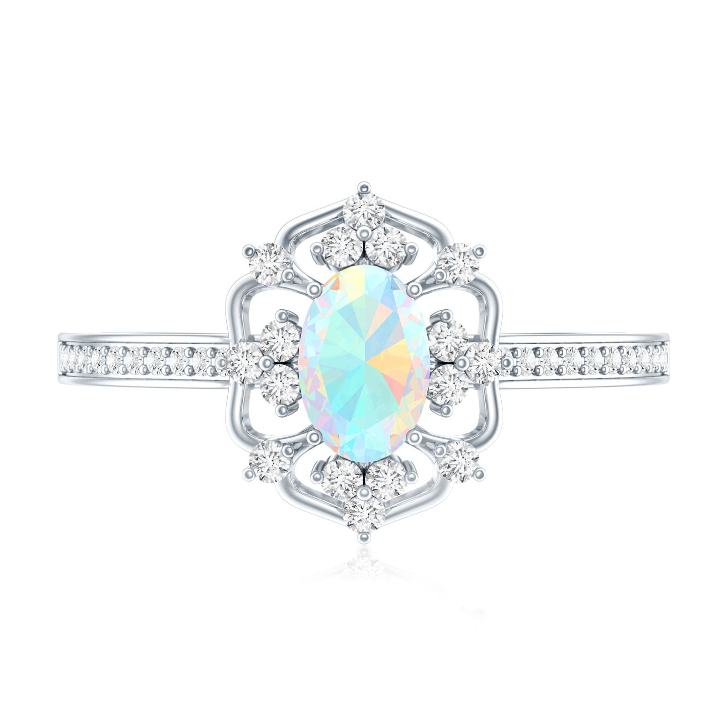 Anillo de compromiso de aspecto vintage de ópalo arcoíris etíope ovalado natural con diamantes