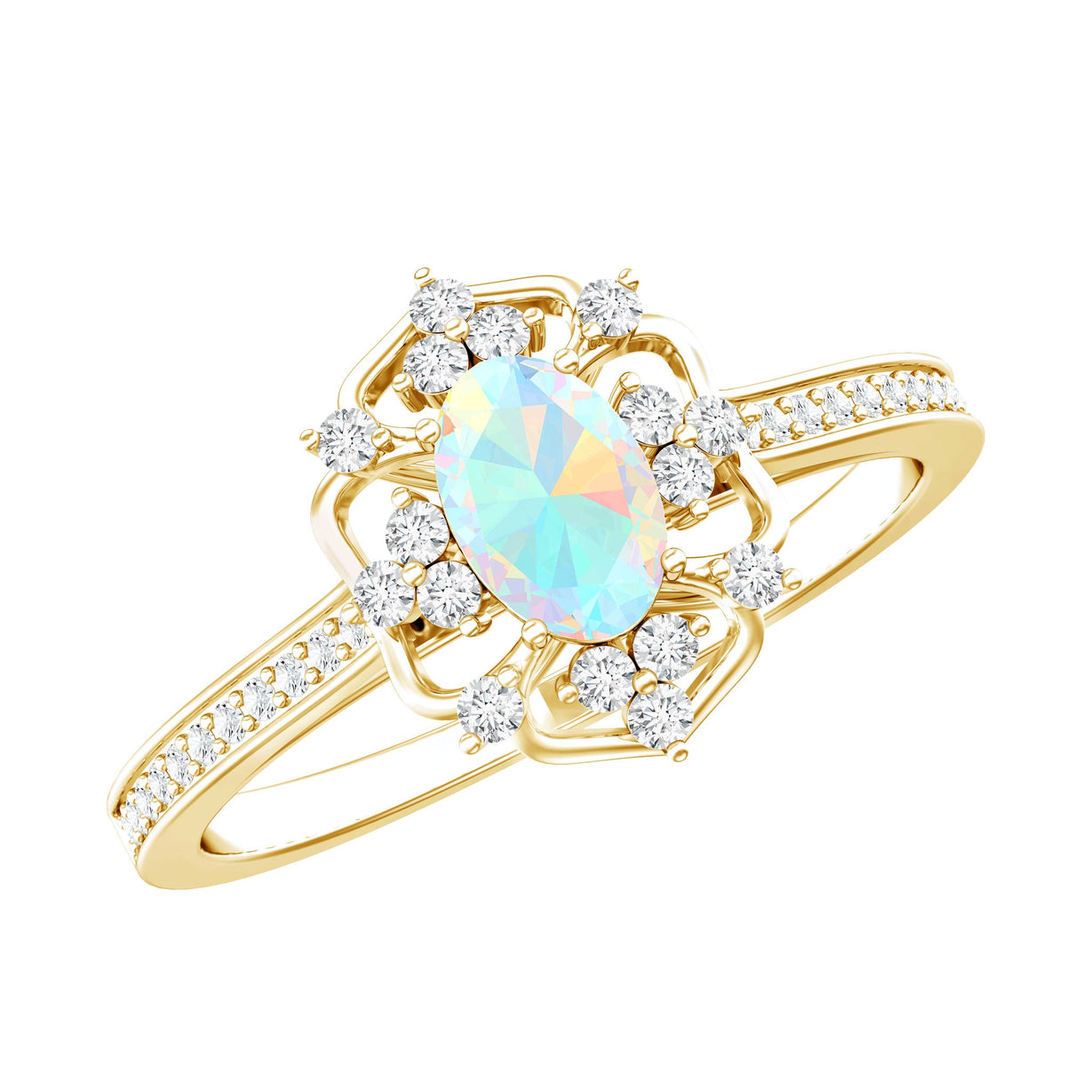 Anillo de compromiso de aspecto vintage de ópalo arcoíris etíope ovalado natural con diamantes