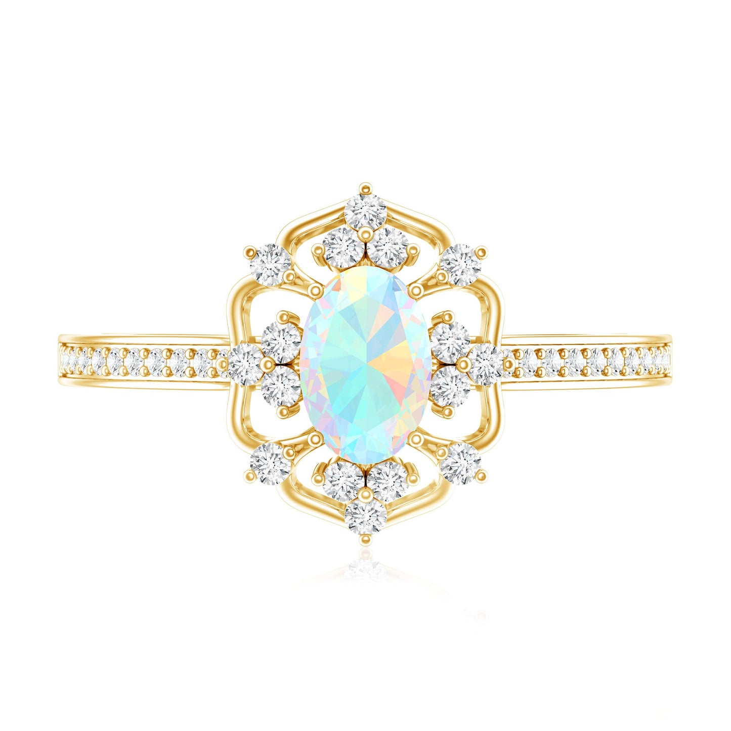 Anillo de compromiso de aspecto vintage de ópalo arcoíris etíope ovalado natural con diamantes