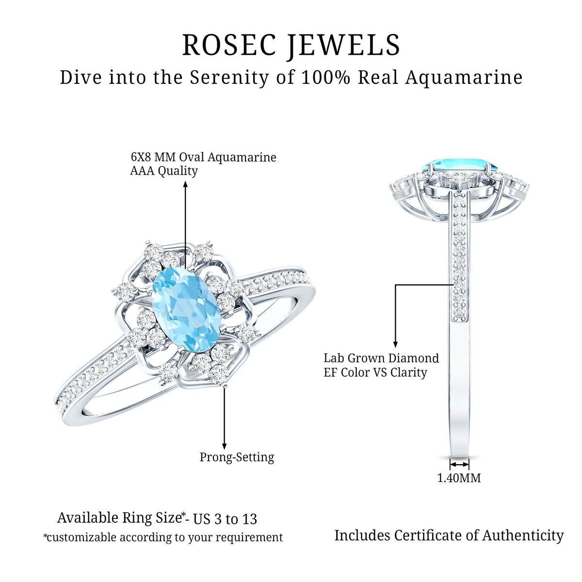 Anillo de compromiso vintage auténtico de aguamarina y diamante con certificado