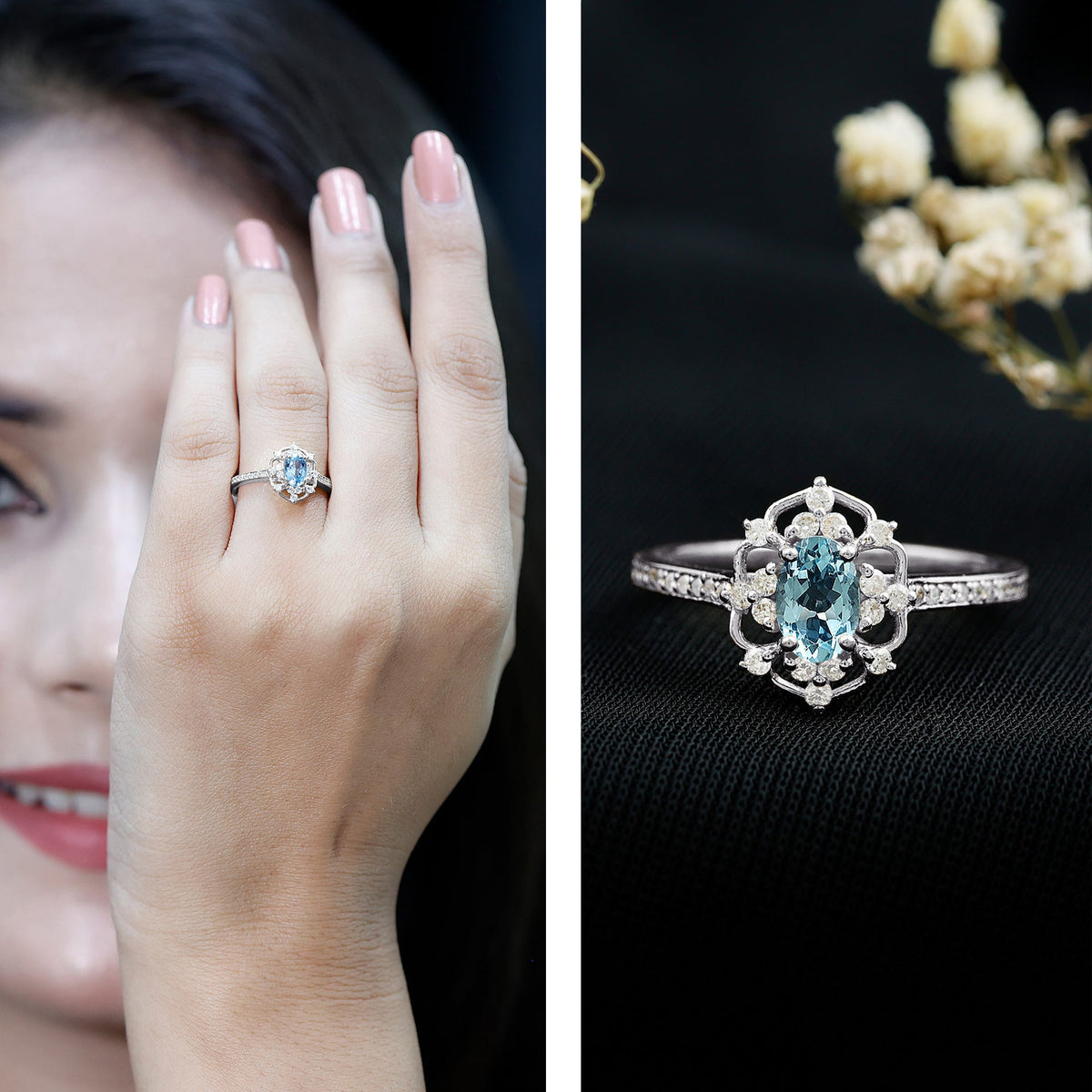 Anillo de compromiso vintage auténtico de aguamarina y diamante con certificado