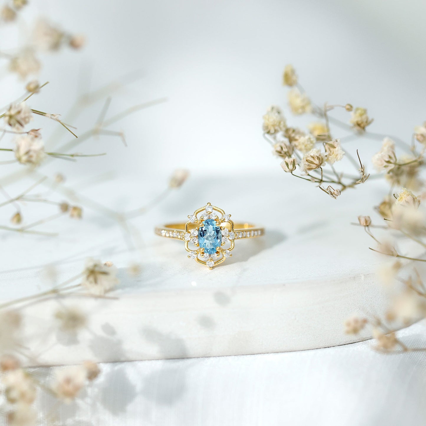 Anillo de compromiso vintage auténtico de aguamarina y diamante con certificado