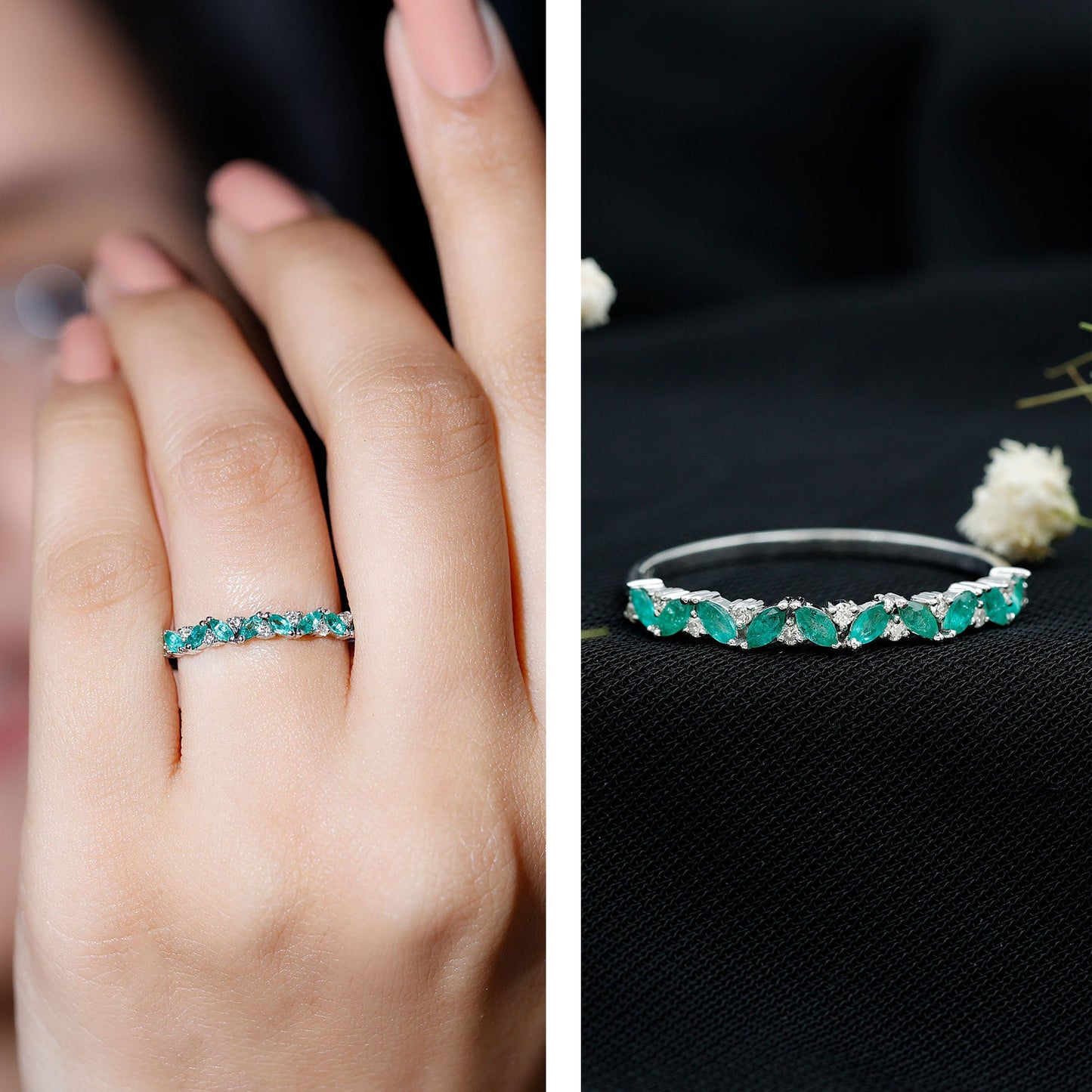 Anillo de media eternidad de esmeraldas y diamantes marquesa
