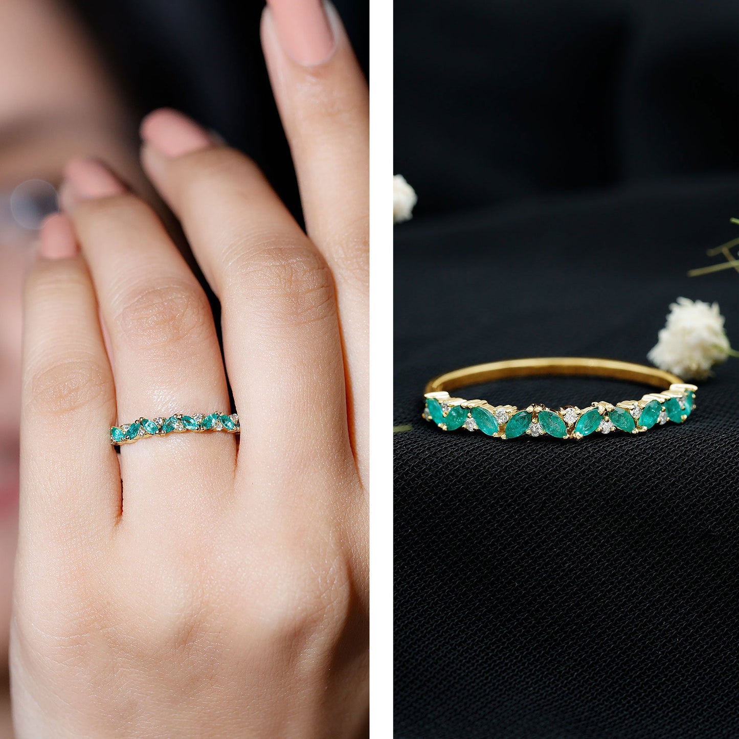Anillo de media eternidad de esmeraldas y diamantes marquesa