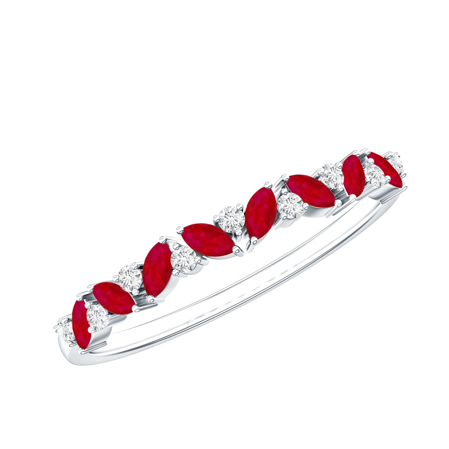 Anillo de media eternidad con rubíes marquesa naturales y diamantes