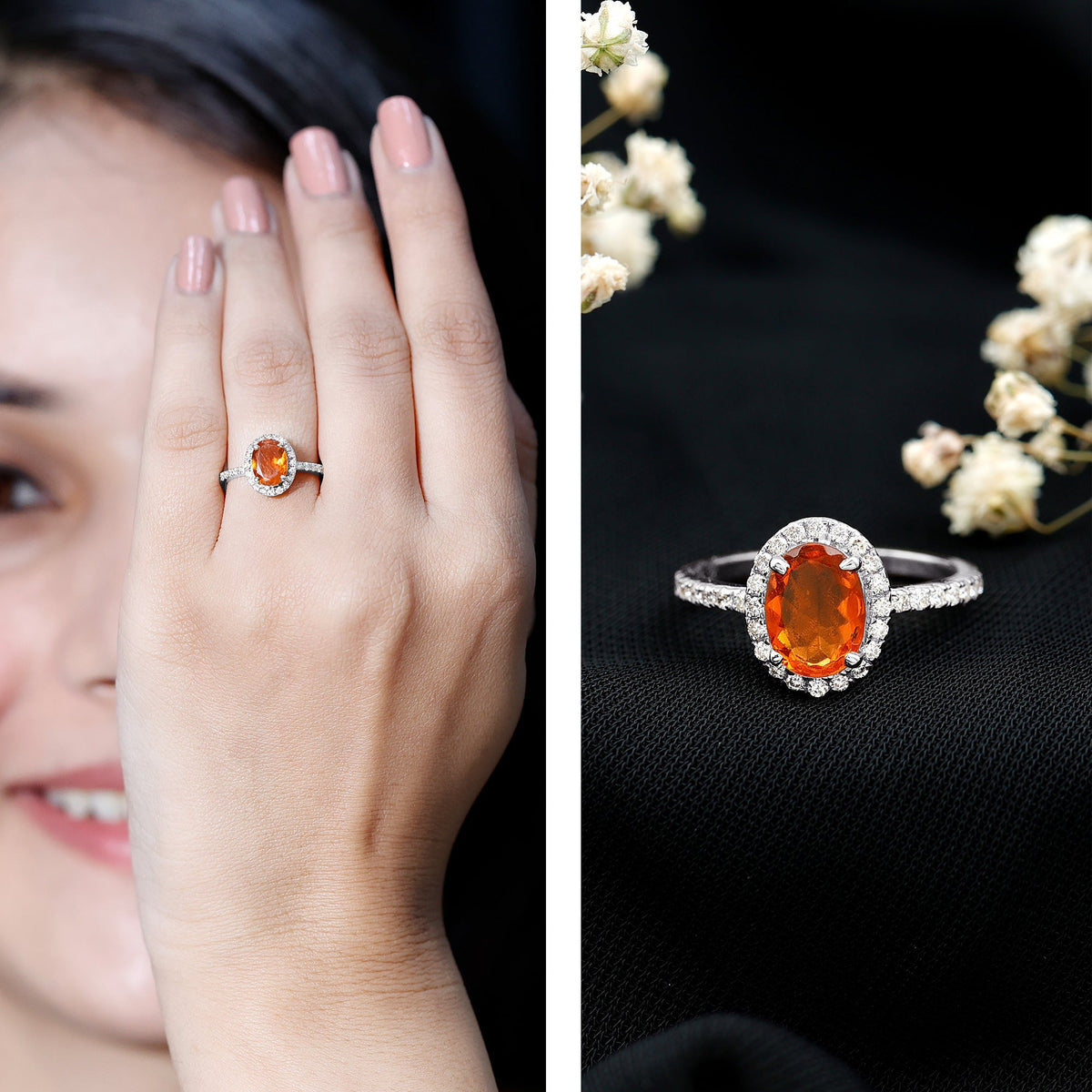 Anillo de compromiso de ópalo de fuego ovalado de 1 quilate con halo de diamantes