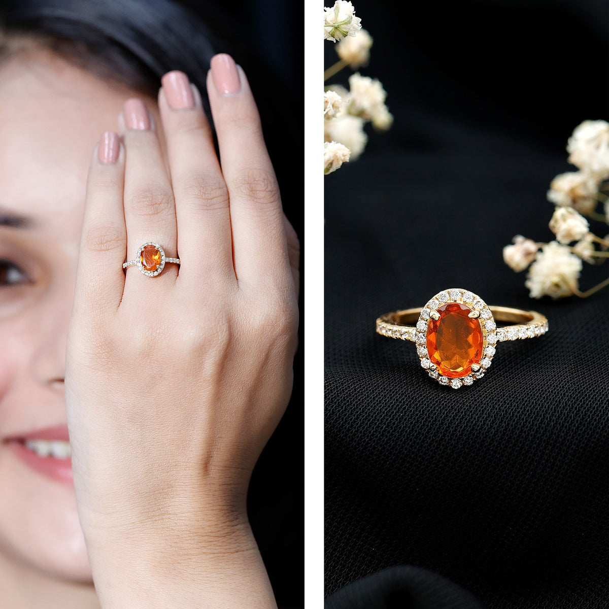 Anillo de compromiso de ópalo de fuego ovalado de 1 quilate con halo de diamantes