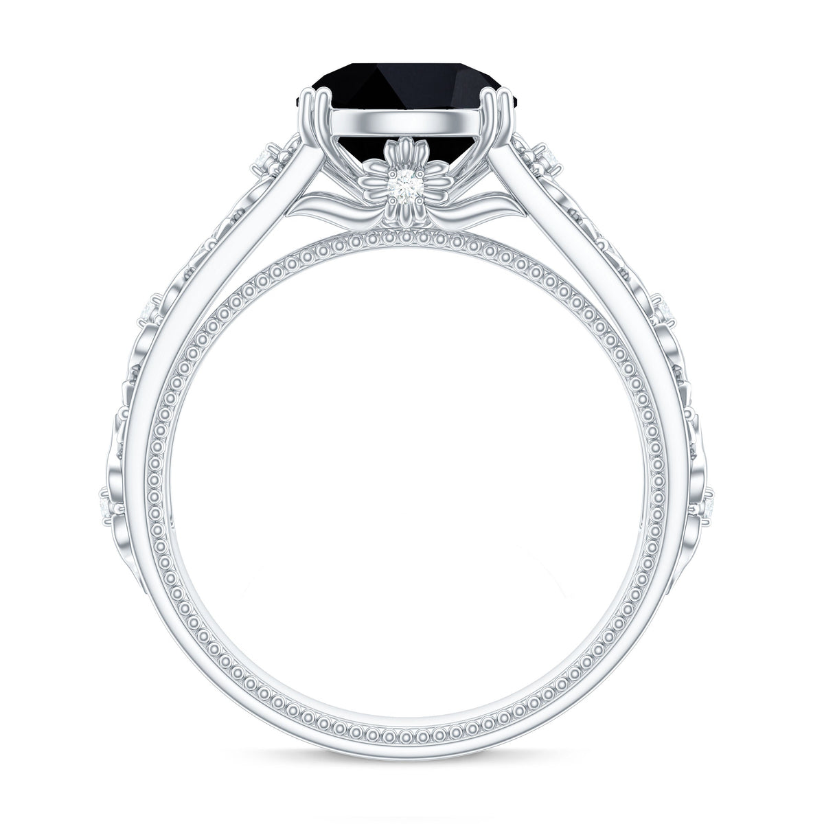 2 Carat Round Black Onyx Solitaire Antique Looking Engagement Ring with Diamond