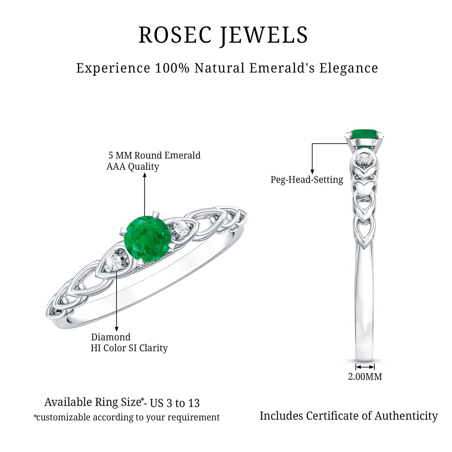 Anillo de Promesa de Diseño Genuino de Esmeralda y Diamantes