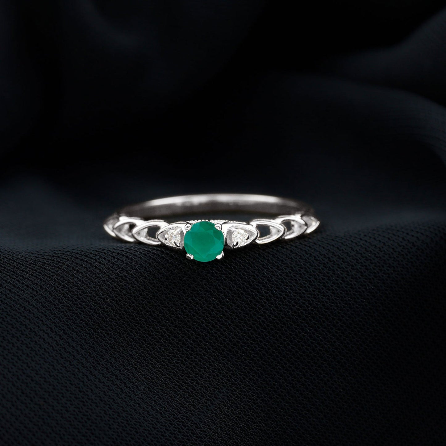 Anillo de Promesa de Diseño Genuino de Esmeralda y Diamantes