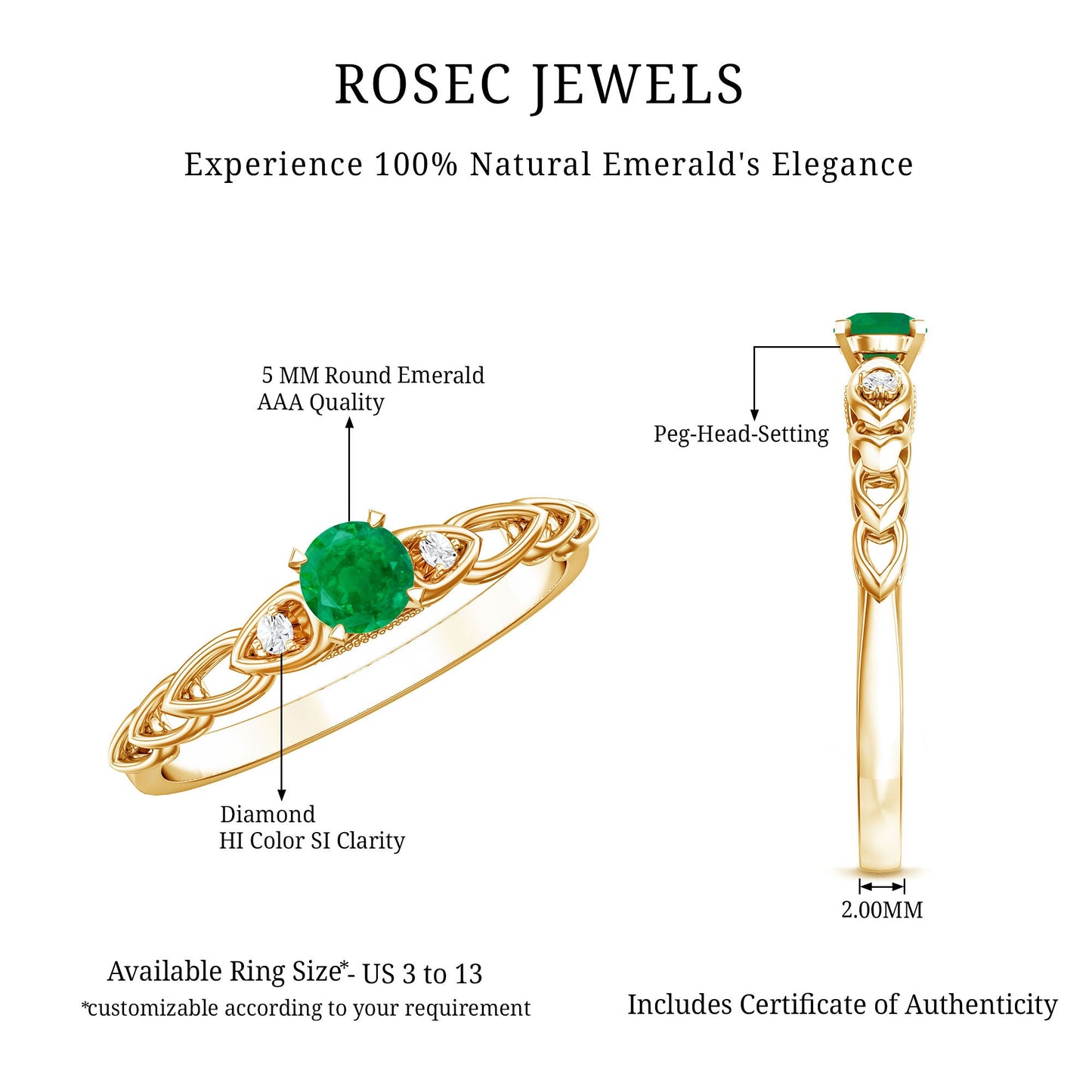 Anillo de Promesa de Diseño Genuino de Esmeralda y Diamantes