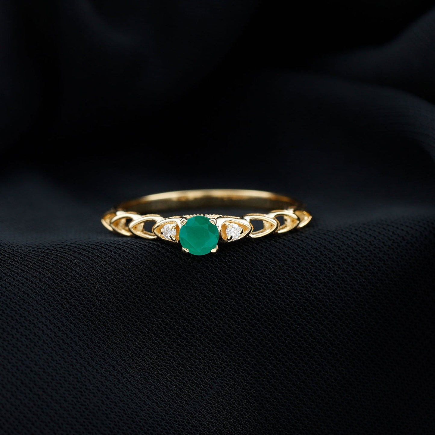 Anillo de Promesa de Diseño Genuino de Esmeralda y Diamantes