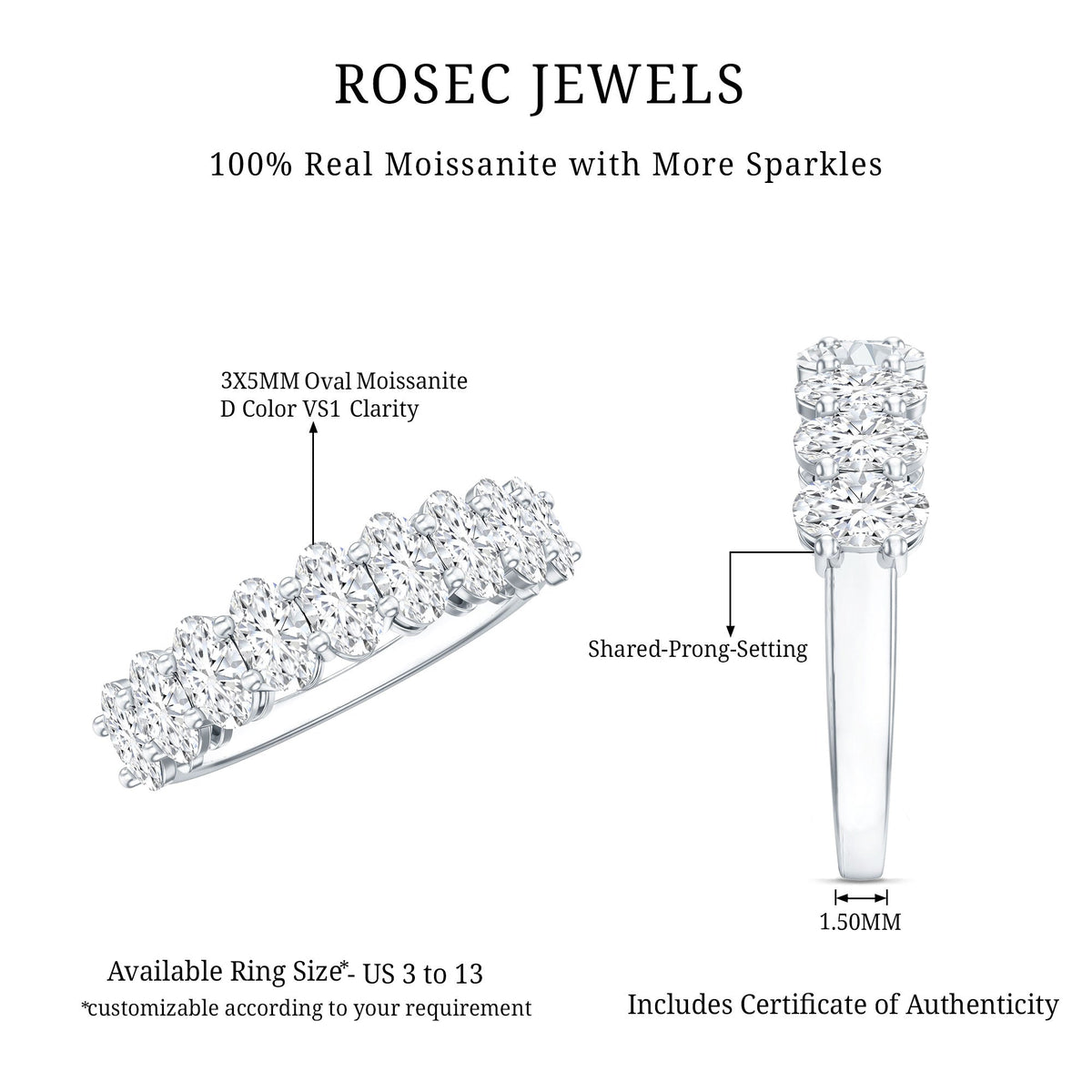 Oval Moissanite Half Eternity Wedding Band Ring