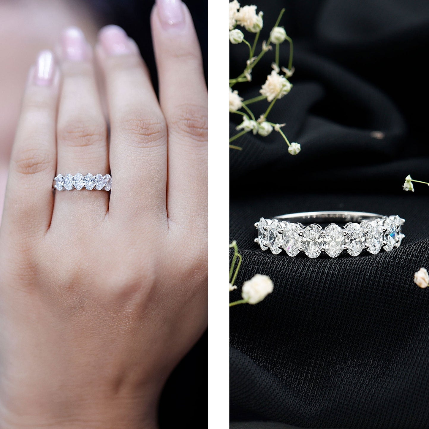 Oval Moissanite Half Eternity Wedding Band Ring