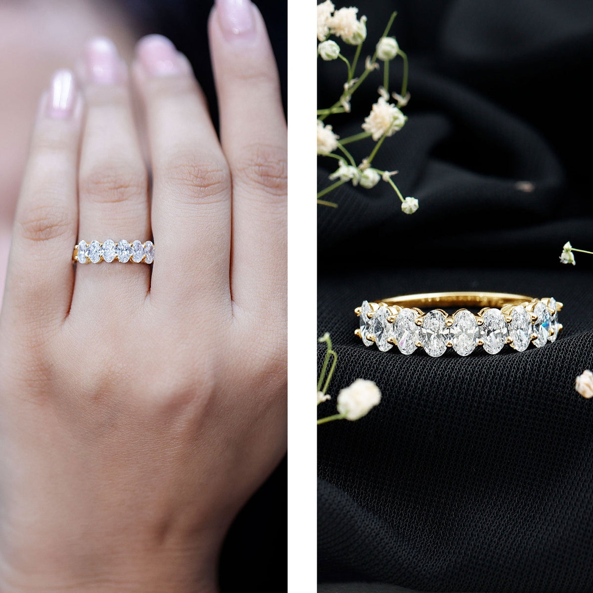 Oval Moissanite Half Eternity Wedding Band Ring