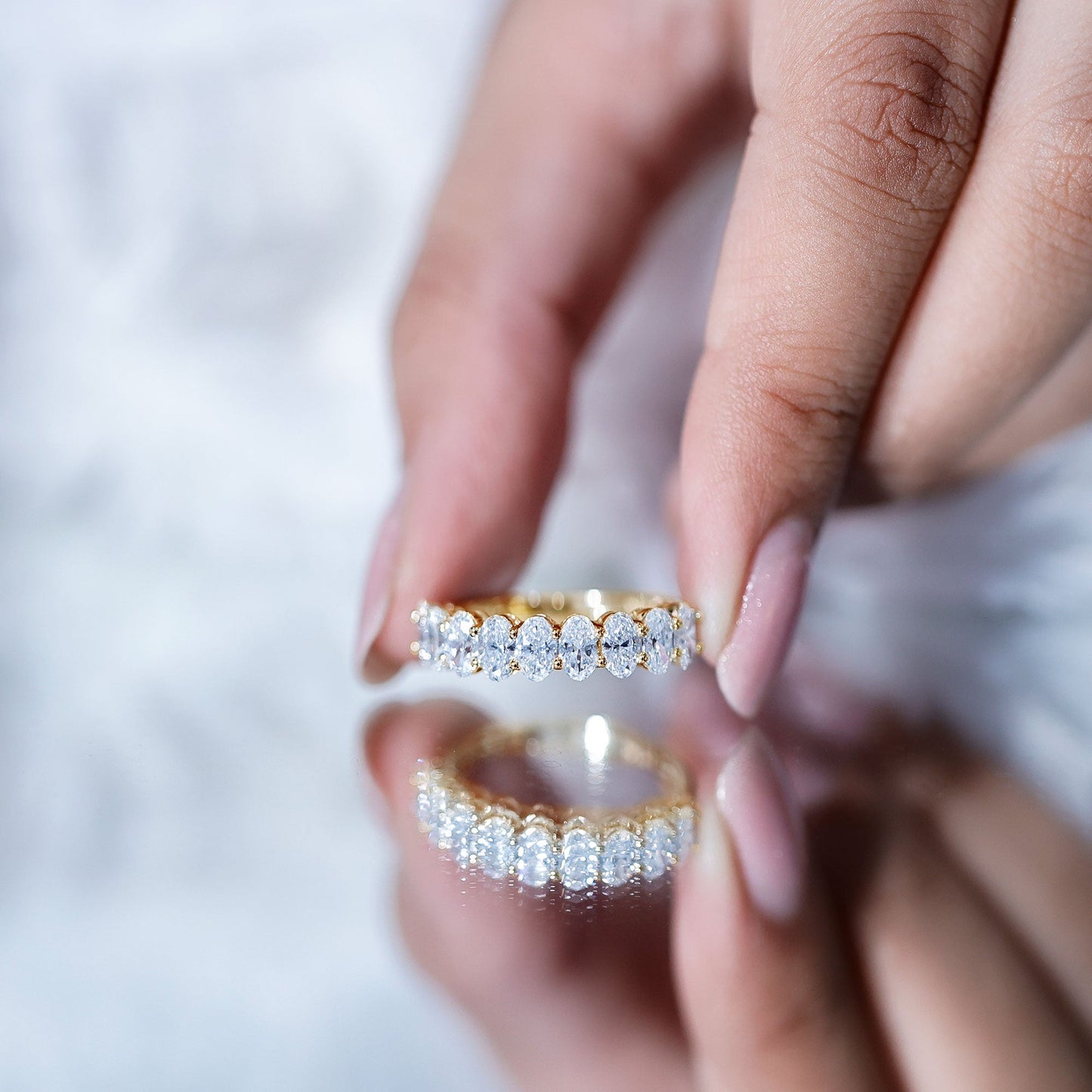 Oval Moissanite Half Eternity Wedding Band Ring