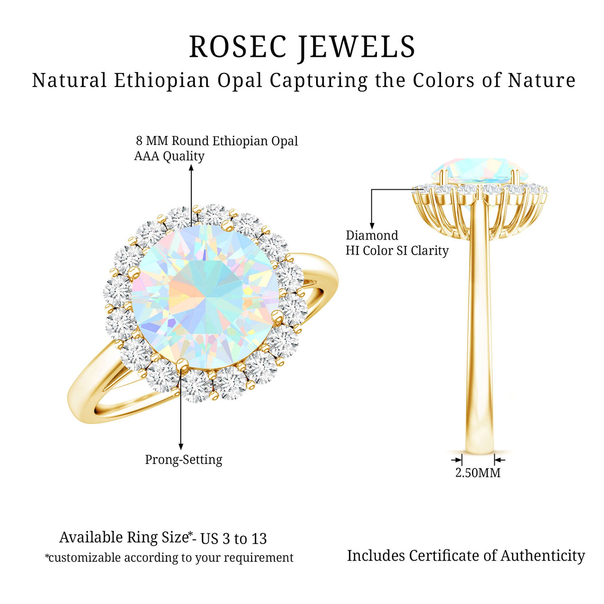 Certified Real 2 Carat Ethiopian Rainbow Opal Engagement Ring with Diamond Halo