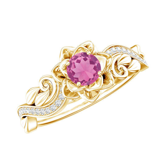 Anillo de compromiso de turmalina rosa y diamantes inspirado en la naturaleza