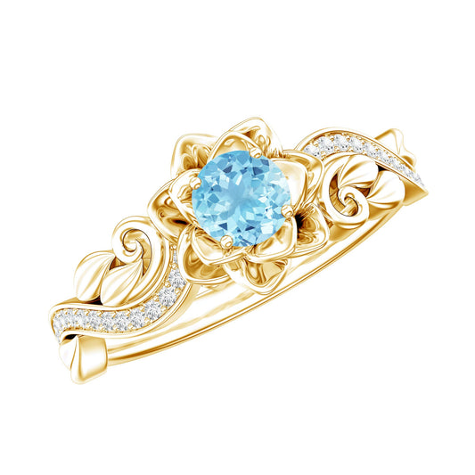 Anillo de compromiso con aguamarina natural y diseño floral con diamante