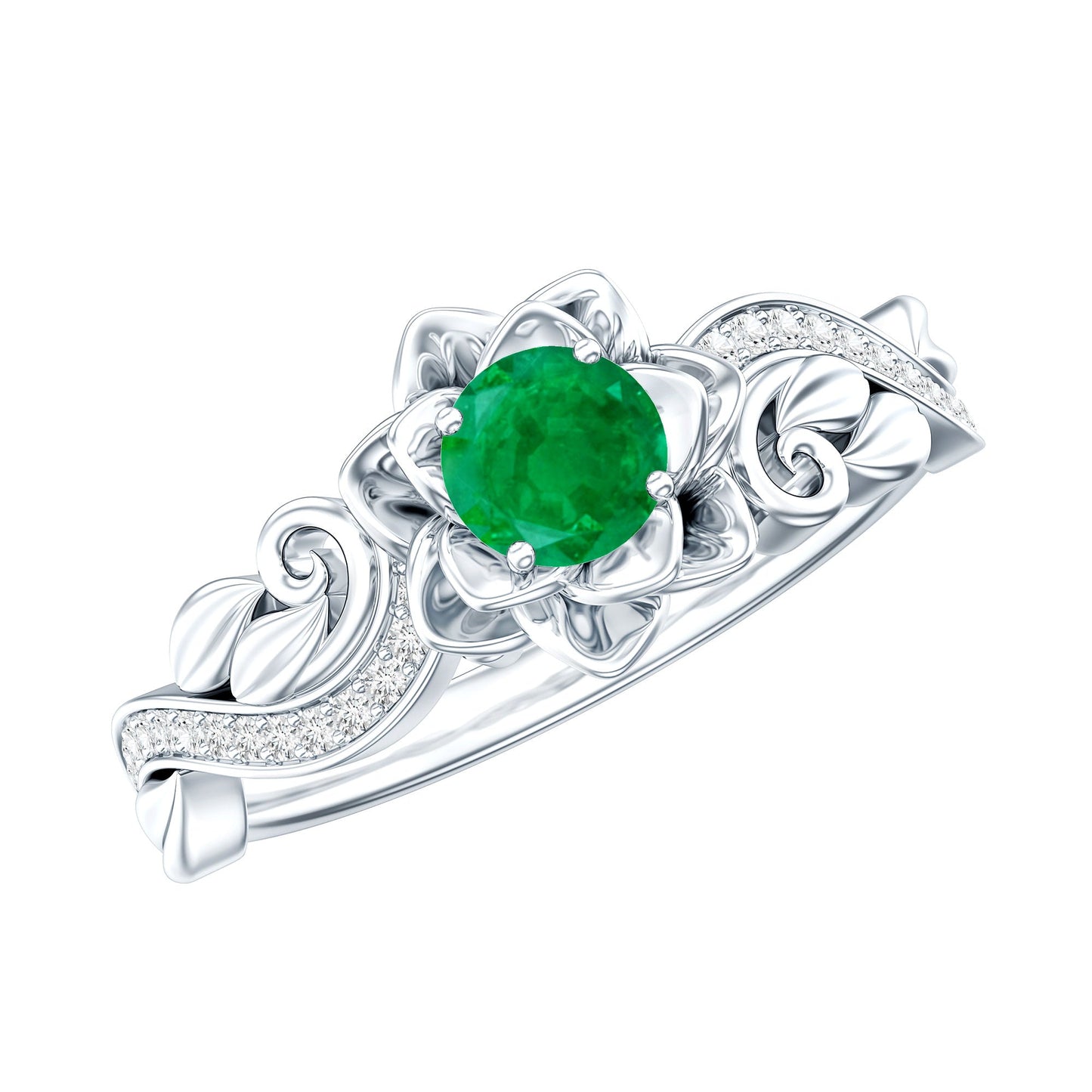 Anillo de compromiso de flor esmeralda natural con diamantes