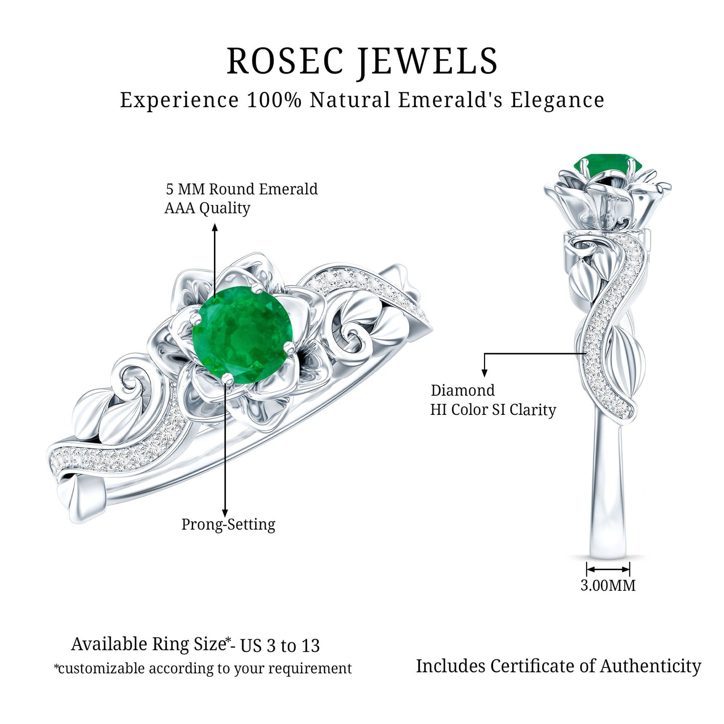 Anillo de compromiso de flor esmeralda natural con diamantes