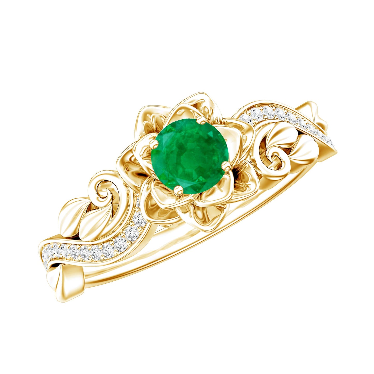 Anillo de compromiso de flor esmeralda natural con diamantes