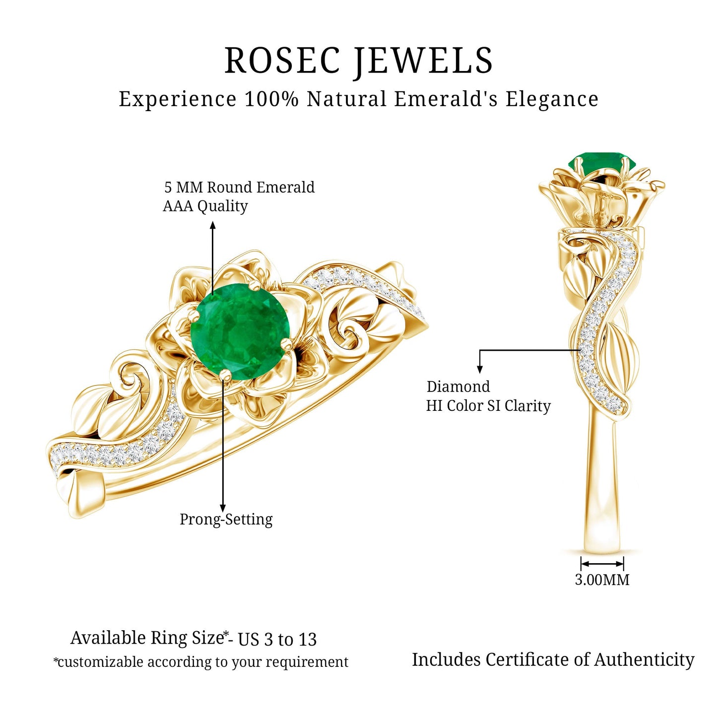 Anillo de compromiso de flor esmeralda natural con diamantes