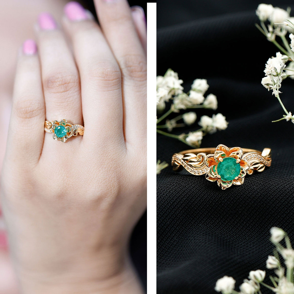 Anillo de compromiso de flor esmeralda natural con diamantes