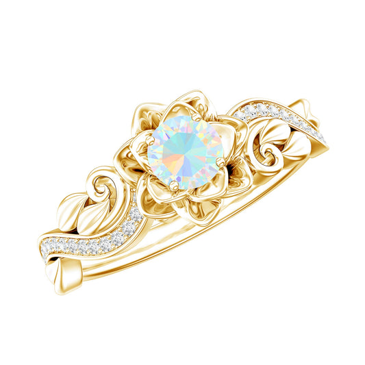 Anillo de compromiso con ópalo etíope genuino en forma de flor y diamantes auténticos