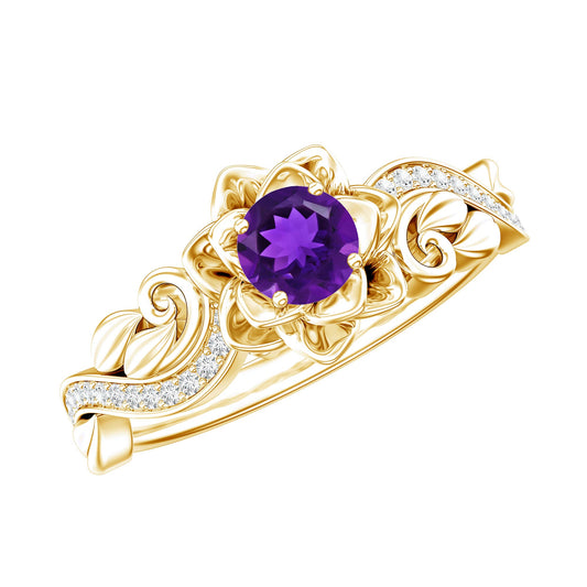 Anillo de compromiso de amatista natural con diamante inspirado en la naturaleza
