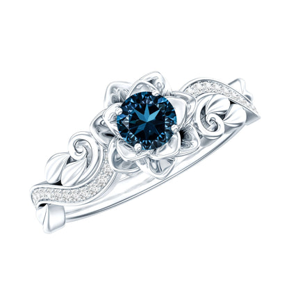 0.6 Carat Round Shape London Blue Topaz Nature Inspired Engagement Ring with Diamond