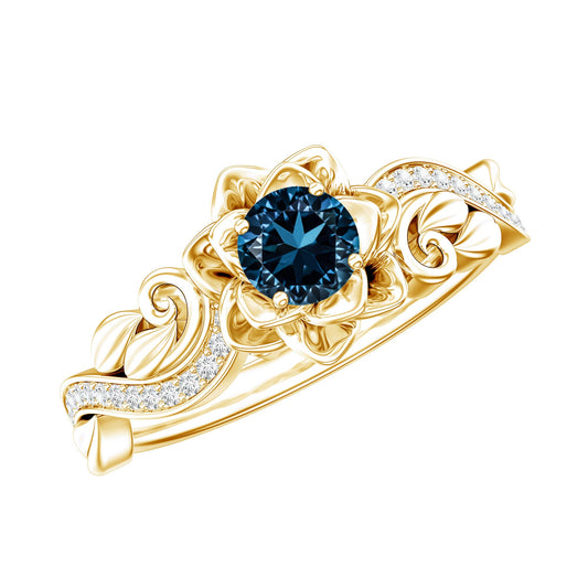 Anillo de compromiso de topacio azul de Londres redondo de 0,6 quilates inspirado en la naturaleza con diamante