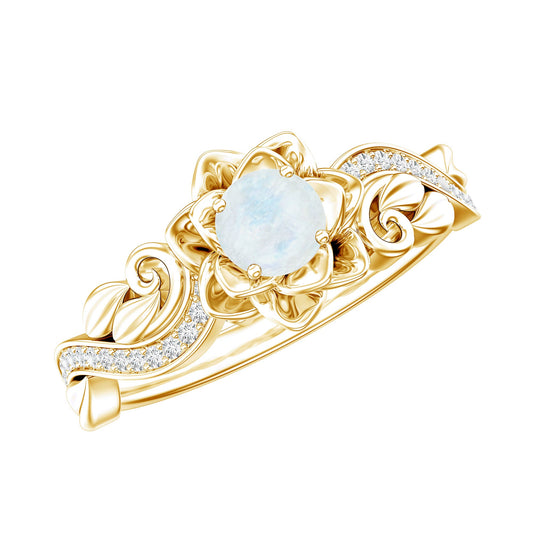 Anillo de compromiso de flor de rosa con piedra lunar natural y diamante