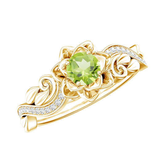 Anillo de compromiso genuino de peridoto y diamante inspirado en una flor
