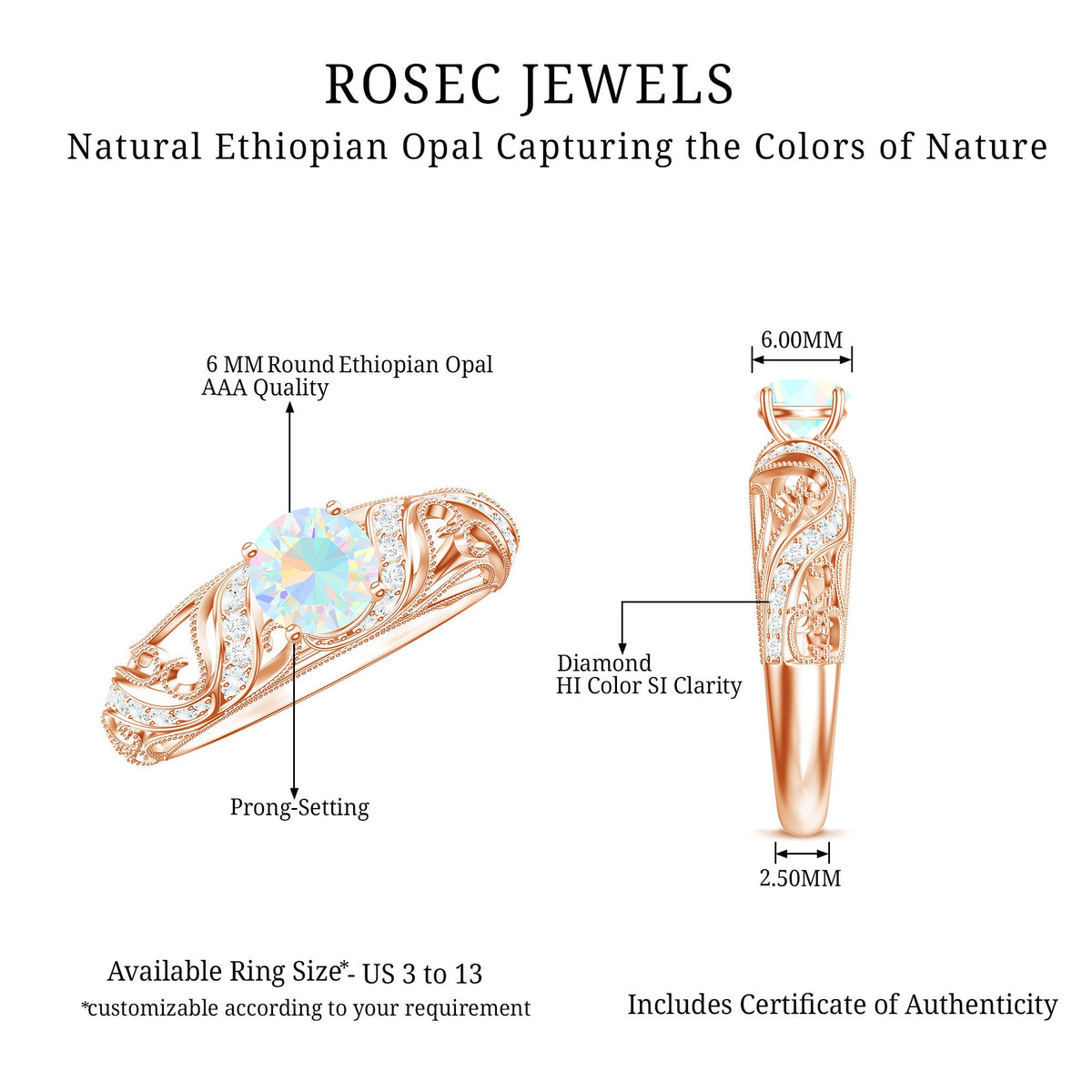 Anillo de compromiso con diamantes de ópalo etíope natural estilo vintage con certificado