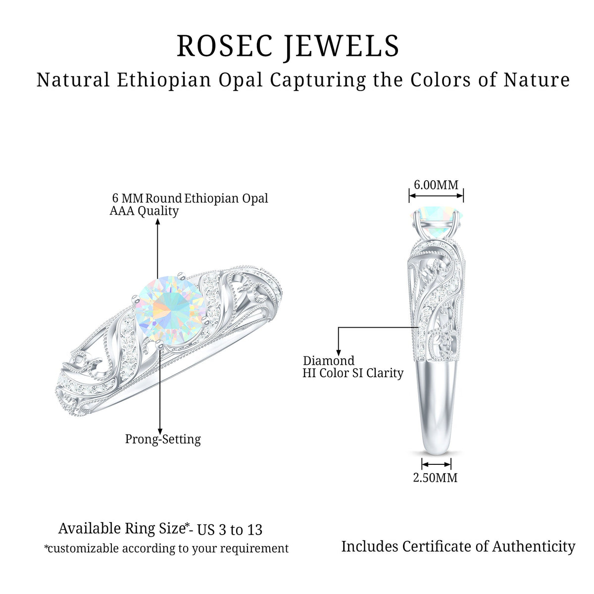 Anillo de compromiso con diamantes de ópalo etíope natural estilo vintage con certificado