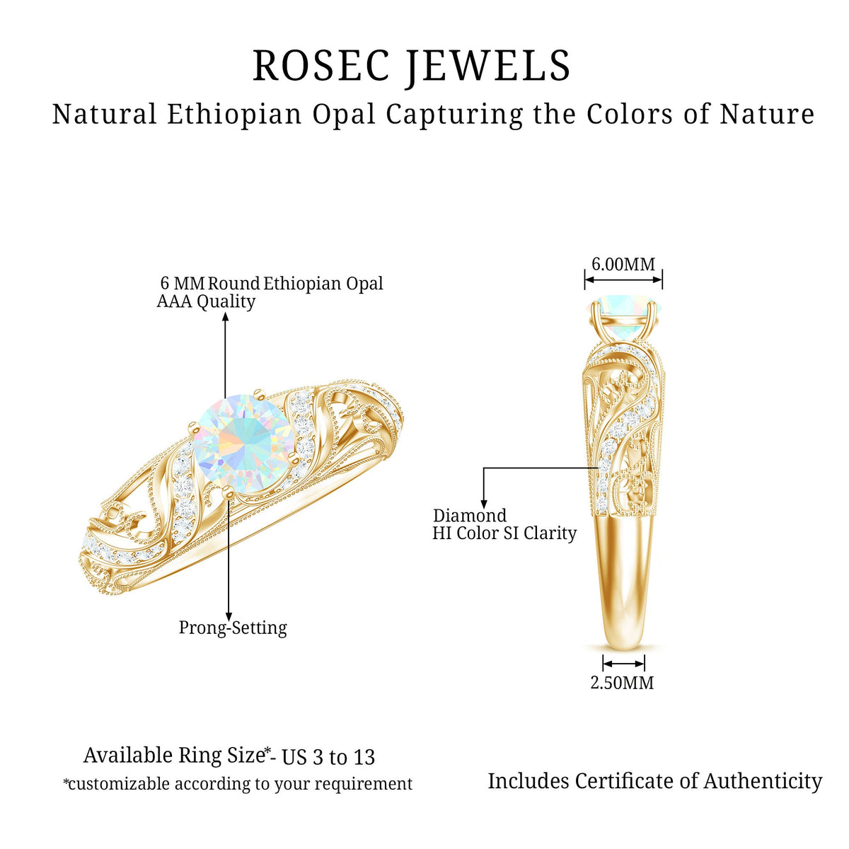 Anillo de compromiso con diamantes de ópalo etíope natural estilo vintage con certificado