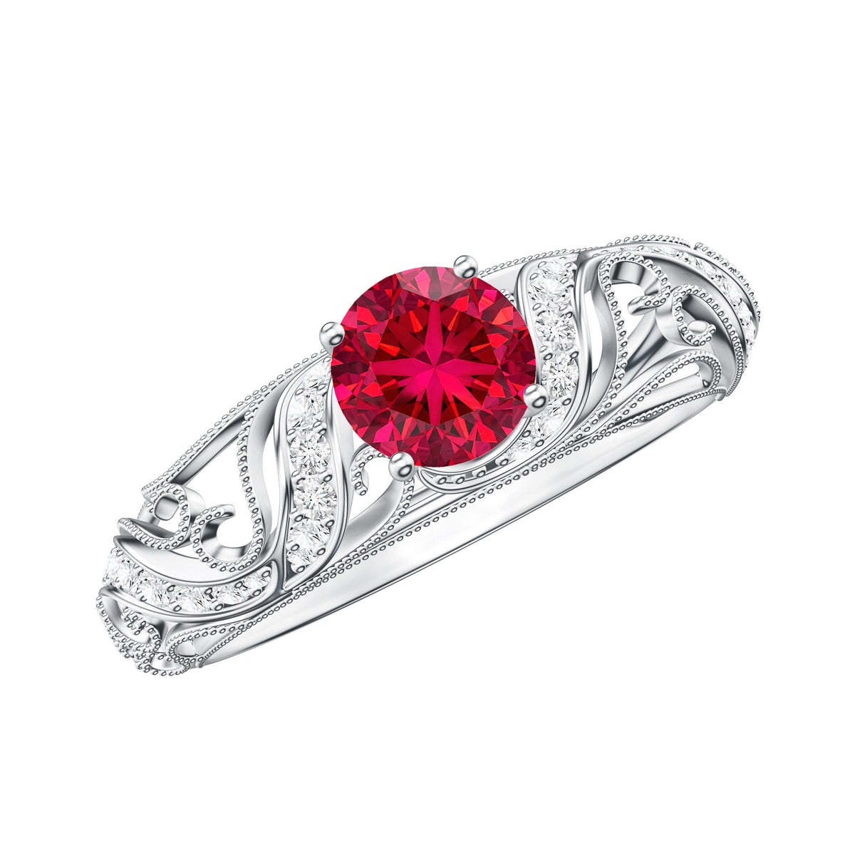 Anillo de compromiso de inspiración vintage con rubí y diamante creados en laboratorio